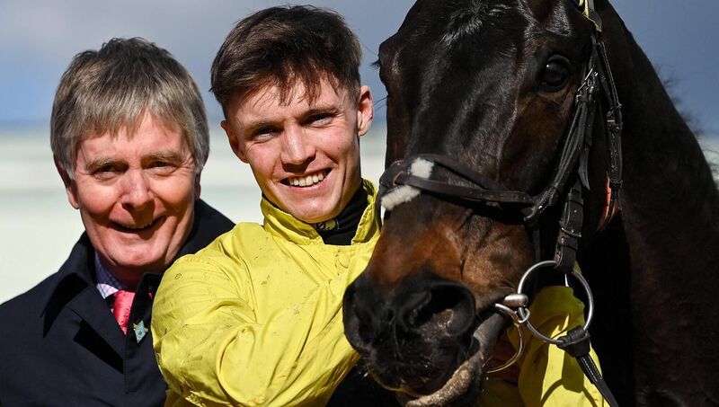 Jockey Michael O'Sullivan and Barry Connell celebrate in the winners' enclosure after Marine Nationale won the Supreme Novices' Hurdle at Cheltenham in 2023. File picture: Seb Daly/Sportsfile