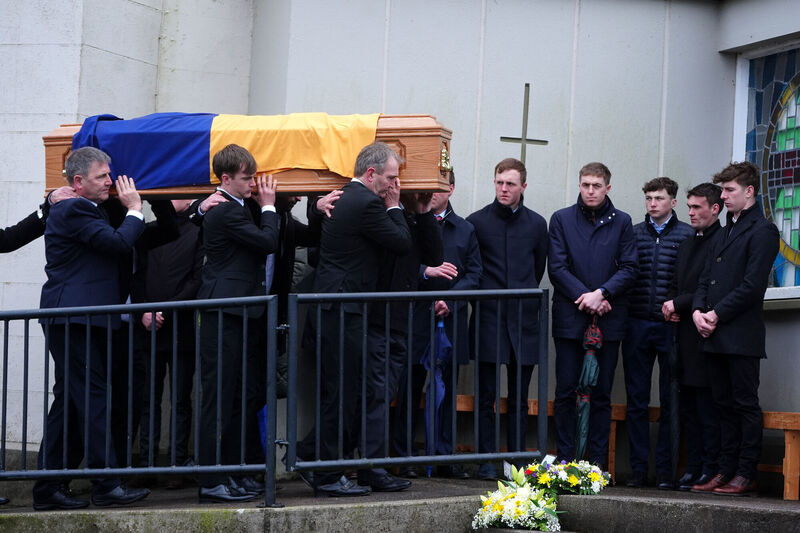 The coffin of Michael O'Sullivan is carried into St John the Baptist Church, Glantane in February 2025. File picture: Brian Lawless/PA Wire.