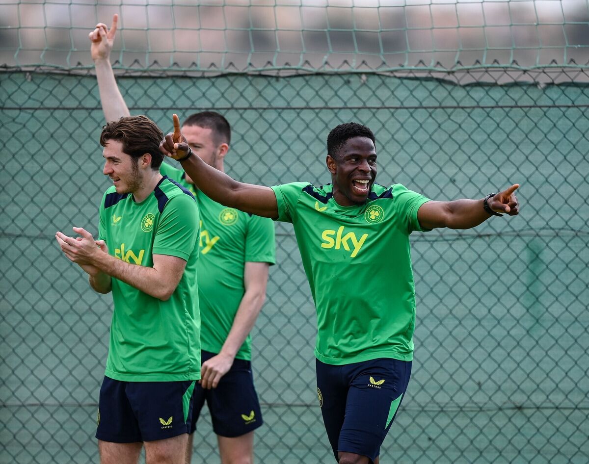 Chiedozie Ogbene, Conor Coventry, and Jack Moylan, during a Republic of Ireland training session. Pic: Stephen McCarthy/Sportsfile.