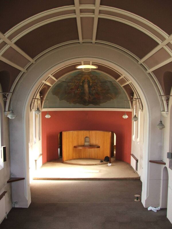 The old altar in the Graffiti Theatre, showing the mural