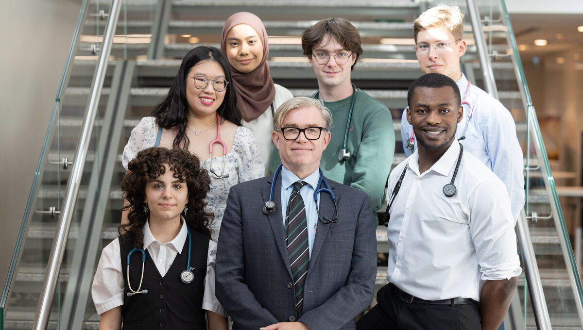 Colin Doherty, head of Trinity’s school of medicine, centre front, with young doctors from Trinity College Dublin at the university’s traditional Stethoscope Ceremony for third year students. Students from left to right: Merve Saharan, Natalie Uhi Kei Ung, Sofia Aisya, Eoin O’Kelly, Sean Onovo, and Jqu Kycia.
