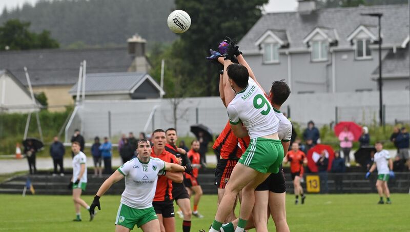  Colm Gillespie of Muskerry wins this high ball from his opposite number Danny Linehan of Duhallow last season. Picture: Dan Linehan