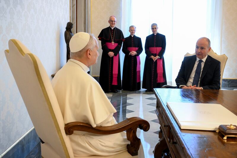 Taoiseach Micheál Martin during his meeting with Pope Leo XIV in the Apostolic Palace, Vatican City, on Friday. Picture: Vatican Media/PA