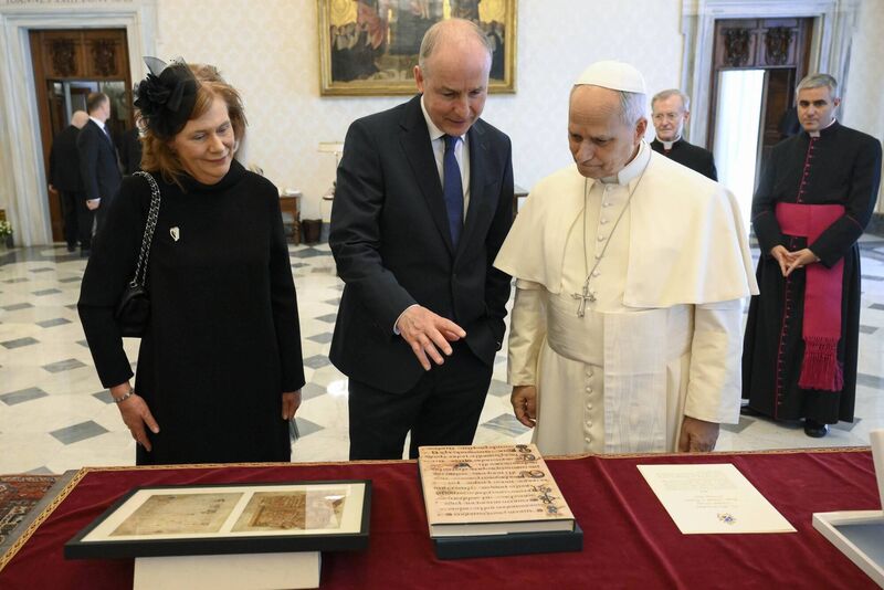 Taoiseach Micheál Martin and his wife Mary O'Shea with Pope Leo during the state visit to the Vatican. Picture: Mario Tomassetti/Vatican Media