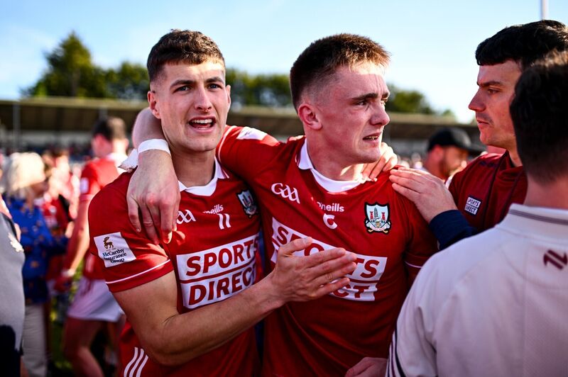 Seán McDonnell, left, and Tommy Walsh of Cork celebrate. Picture: Ben McShane/Sportsfile