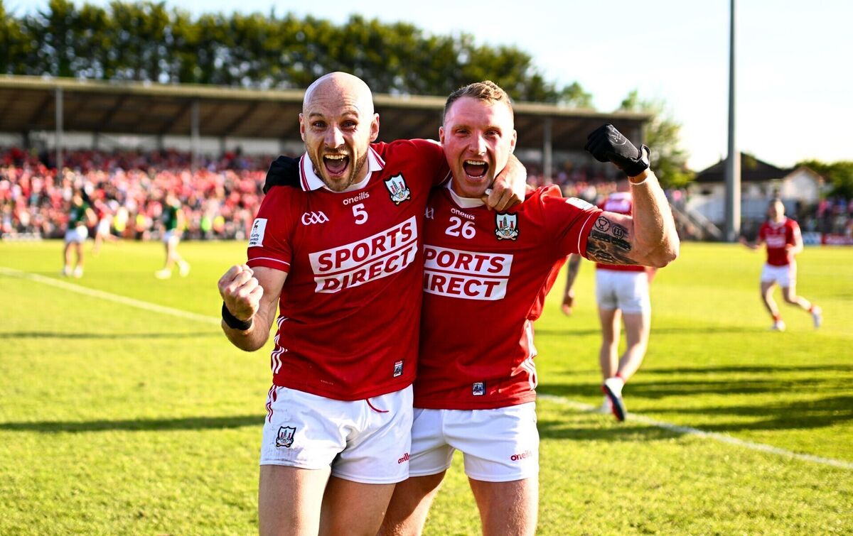 Brian O'Driscoll and Brian Hurley celebrate at Páirc Uí Rinn on Saturday. Picture: Ben McShane/Sportsfile
