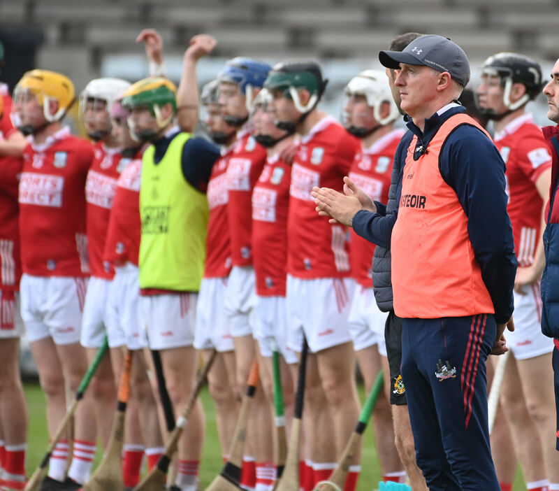 Cork minor hurling manager Donal Mulcahy and team members stand for the national anthem prior to the Electric Ireland Munster MHC game against Clare at Páirc Uí Rinn earlier this month. Picture: Eddie O'Hare