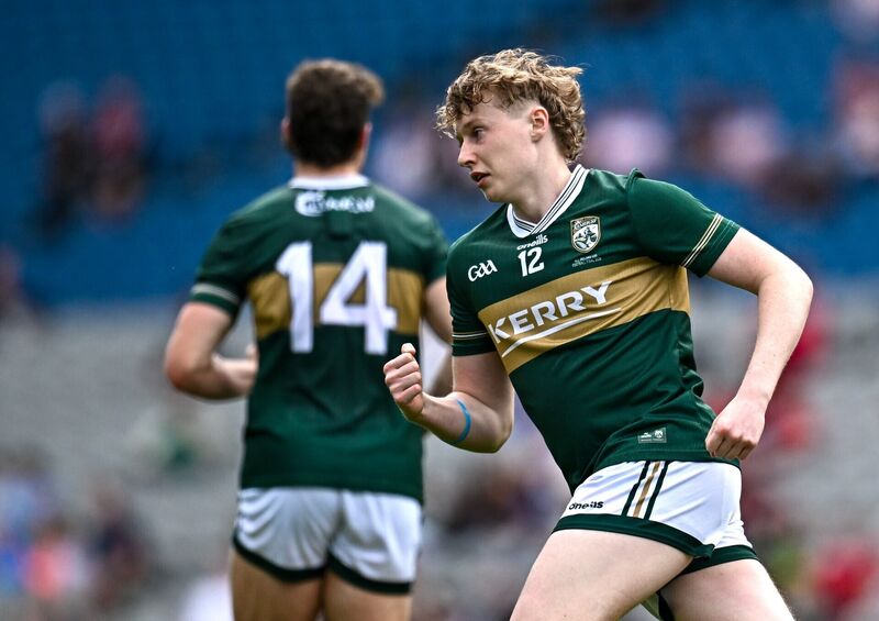 Killian Dennehy of Kerry celebrates after scoring a point against Tyrone. Pic: Seb Daly/Sportsfile