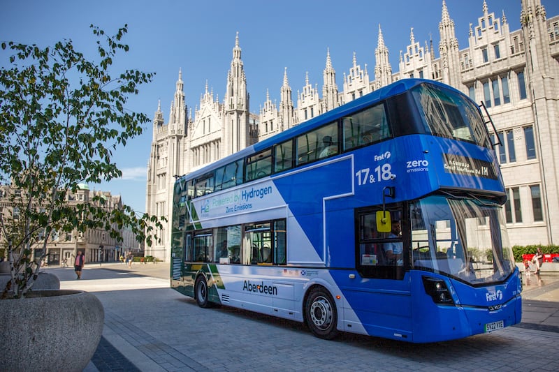 A hydrogen-powered bus in Aberdeen's centre. The city is trying to make the leap from an oil town to a renewables hub amid growing demand for cheap home-produced energy. Photograph: Emily Macinnes/Getty