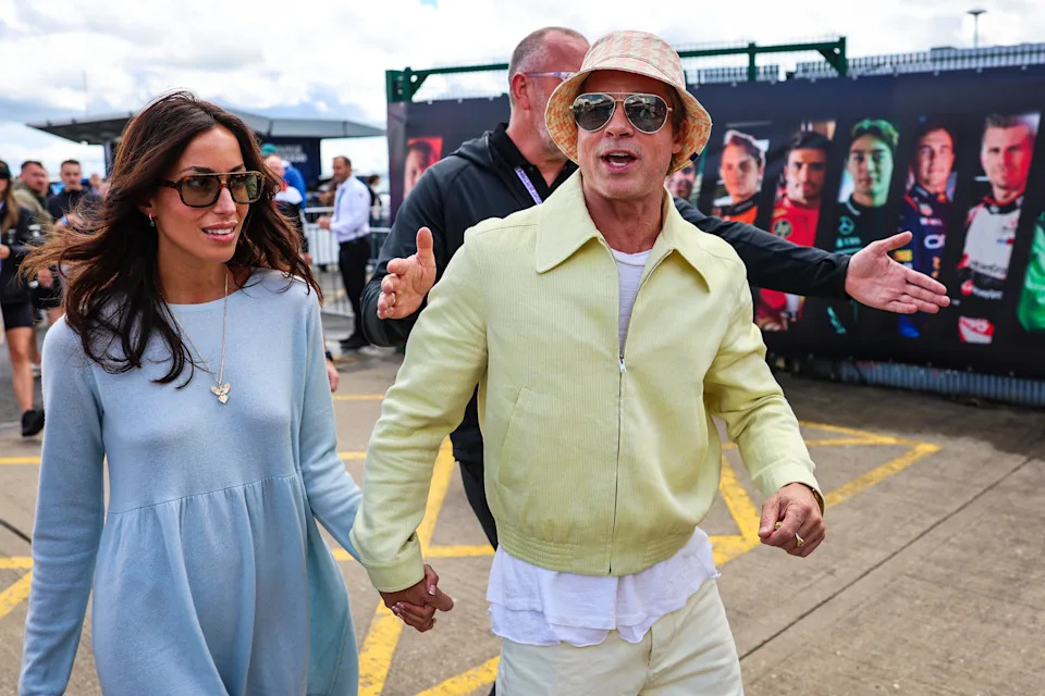 Brad Pitt & Ines de Ramon at the F1 Grand Prix of Great Britain at Silverstone Circuit on July 7, 2024 in Northampton, U.K.