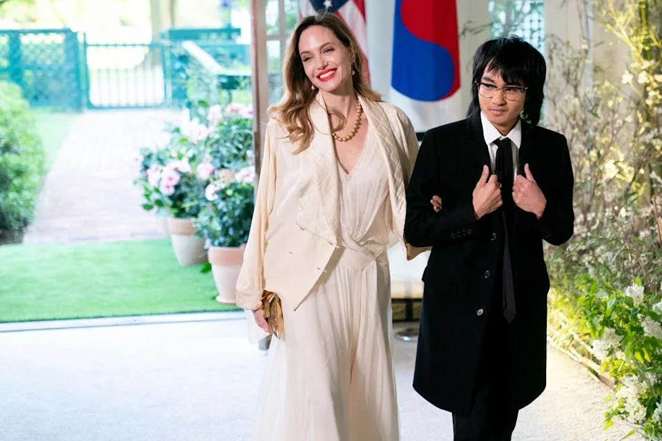 US actress Angelina Jolie and son Maddox arrive for the State Dinner in honor of South Korean President Yoon Suk Yeol, at the White House in Washington, DC, on April 26, 2023.