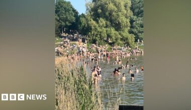 The image shows groups of swimmers in a non-bathing pool, with people gathered by the edge and people sitting on the grassy banks of the pool on Hampstead Heath.