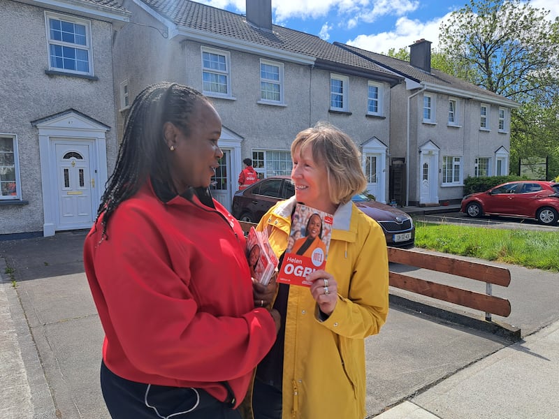 Helen Ogbu canvasses Mary O'Sullivan in the Sandyvale Lawn estate in Galway City before the Galway West byelection. Photograph; Andrew Hamilton