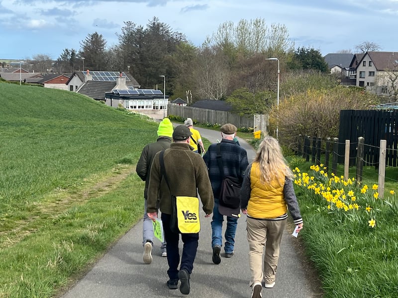 Gillian Martin and her door-knocking team on the campaign trail. Photograph: Mark Paul