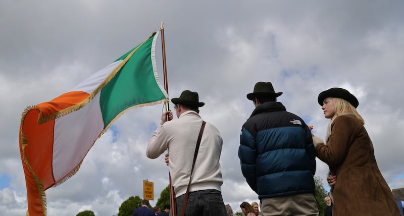 Cian Bermingham, Eamon De Valera (great great grandson of Eamon De Valera) and Lily Cummins of Ógra Fianna Fáil at Deansgrange Cemetery where Fianna Fáil held its annual Seán Lemass Commemoration on Sunday at the graveside of the former Taoiseach.Photo: Bryan O’Brien / The Irish Times
