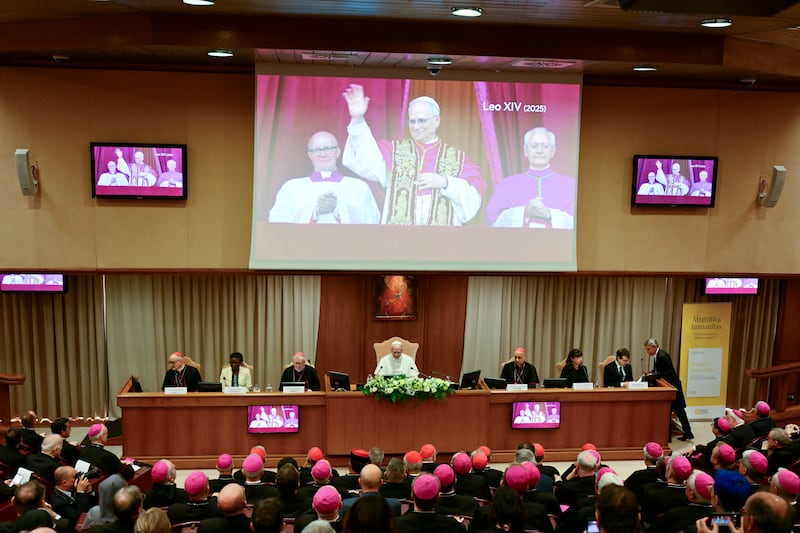 Pope Leo XIV attends the presentation of his first Encyclical Letter "Magnifica Humanitas" focused on the rise of artificial intelligence, at The Vatican. Photograph: Alberto Pizzoli/AFP via Getty Images