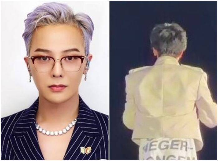 Singer G-Dragon, left, and the t-shirt he wore at a K-pop concert in Macau on May 2 on the right. The phrase that stirred controversy is partially visible below his jacket. [SCREEN CAPTURE]