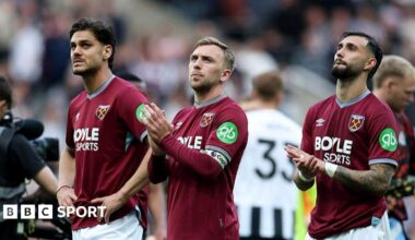 West Ham skipper Jarrod Bowen (centre) after the 3-1 defeat at Newcastle