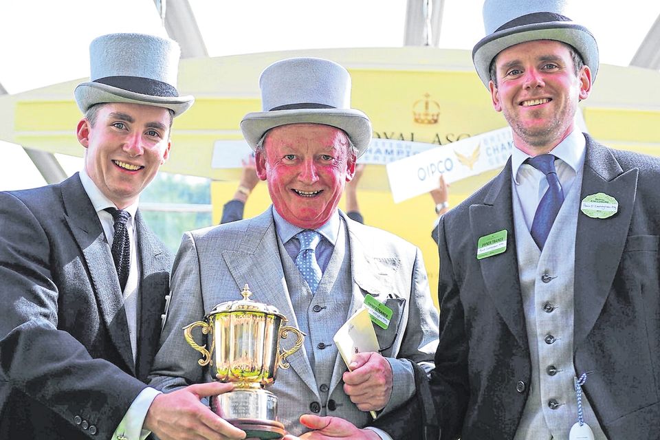 Noel O'Callaghan celebrates a win at Royal Ascot with his sons Charles and Paul in 2014. The family are now involved in a legal dispute. Photo: Healy Racing
