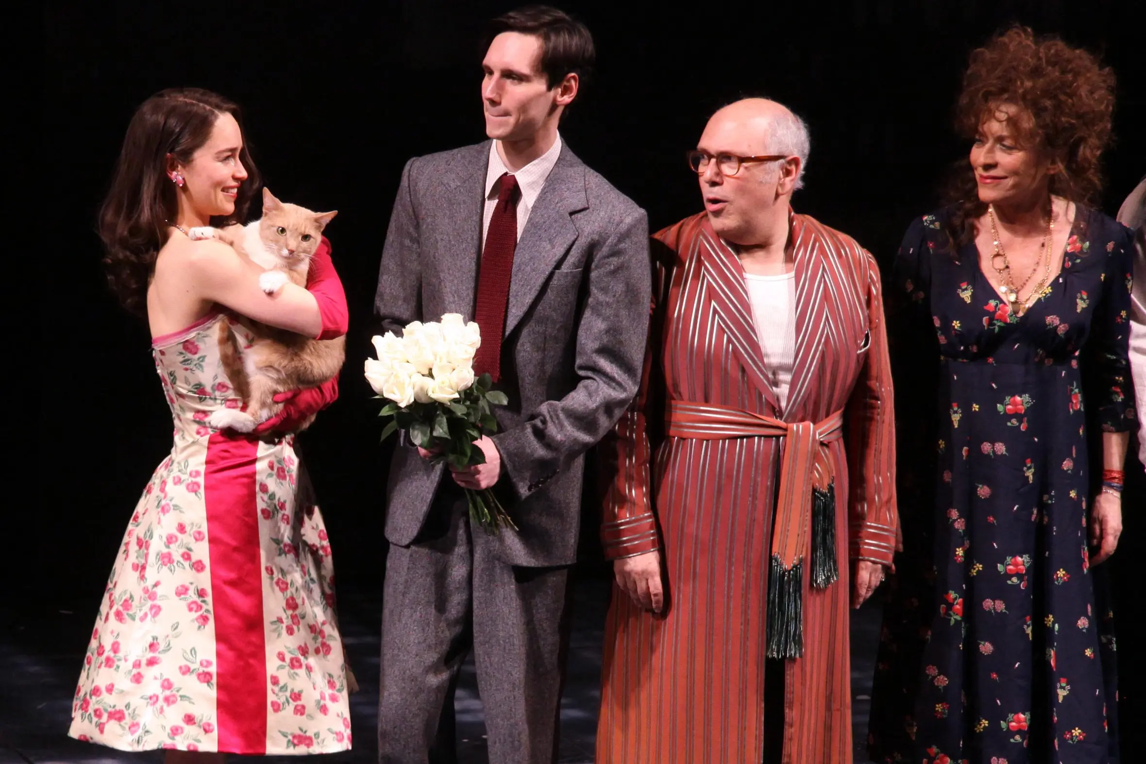 Curtain call for the opening night of "Breakfast at Tiffany's" at the Cort Theatre, featuring Emilia Clarke, Vito Vincent, Cory Michael Smith, Lee Wilkoff, and Suzanne Bertish.