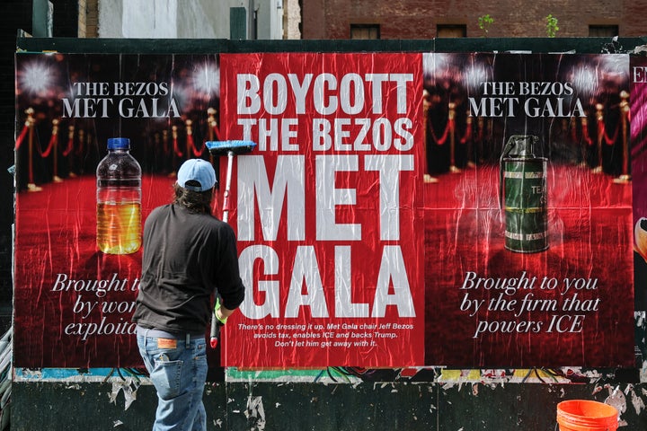A person put up a "BOYCOTT THE BEZOS MET GALA" poster in New York City last month.
