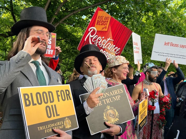 Protesters with Rise and Resist, a New York-based, self-described “nonviolent action group," staged a "Resistance Red Carpet" just blocks from the entrance of the Met on Monday.
