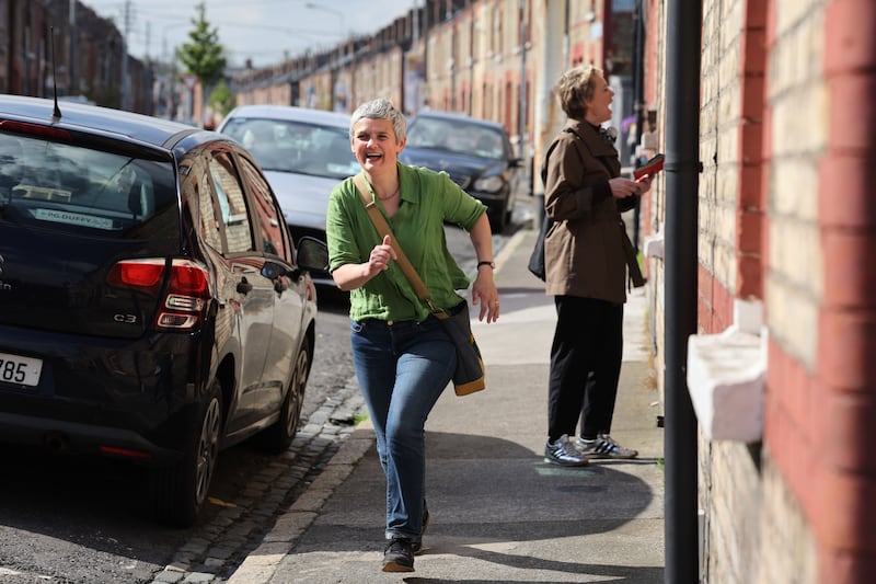 Labour's Ruth O’Dea with Party leader Ivana Bacik canvassing in Stoneybatter, Dublin.
Photograph: Dara Mac Dónaill/The Irish Times