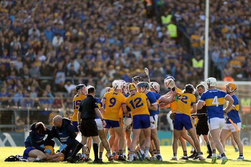 Tipperary and Clare players get to grips with each other during a moment of raised tempers at Semple Stadium on Saturday. Photograph: Laszlo Geczo/Inpho