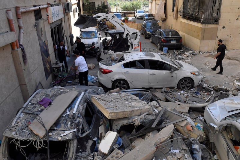 Members of Hizbullah inspect an apartment damaged in an Israeli air strike in Choueifat, south of Beirut, Lebanon, on May 28th, 2026. Photograph: EPA