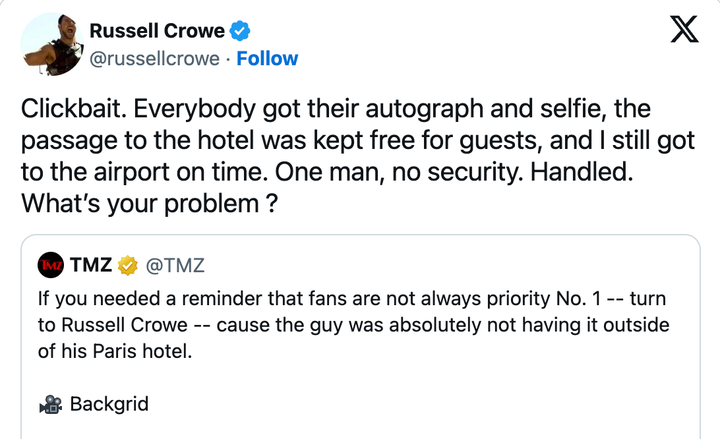 A screenshot of Russell Crowe's response on X to TMZ on May 26, 2026.