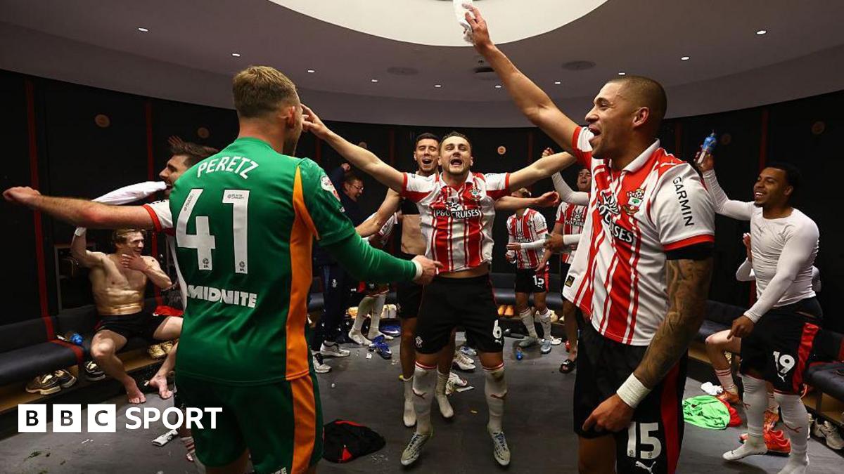Taylor Harwood-Bellis and his Southampton teammates celebrate in the dressing room after the Championship play-off semi-final win over Middlesbrough