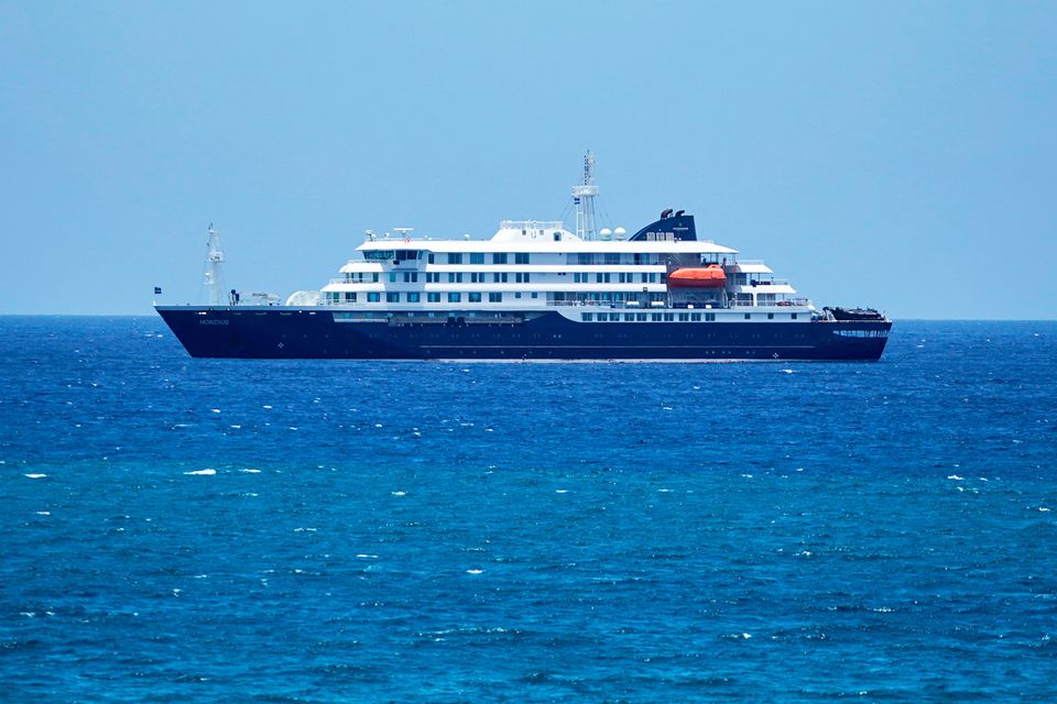 The MV Hondius cruise ship is anchored at a port in Praia, Cape Verde Photo: AP Photo/Arilson Almeida