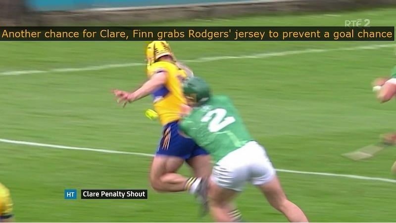 Clare should have been awarded a penalty for this first-half foul on Mark Rodgers.