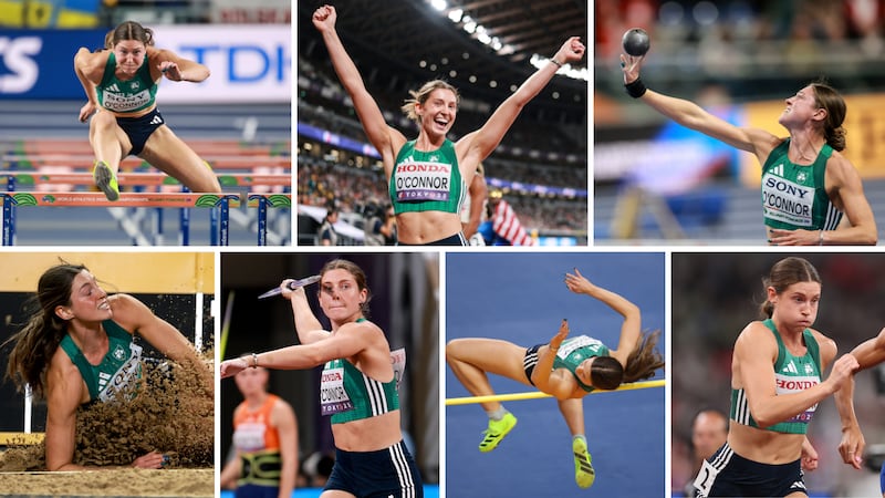 Kate O’Connor in the heptathlon: 100m hurdles, 200m, shot put, long jump, javelin, high jump and 800m. Photographs: Inpho/Getty Images