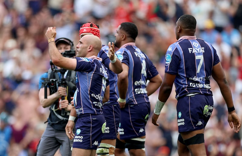 Union Bordeaux Begles’ Maxime Lucu celebrates with Temo Matiu after he scores his sides 1st try of the match. Photograph: James Crombie/Inpho
