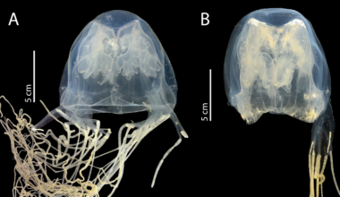 Two images of a newfound species of box jellyfish.