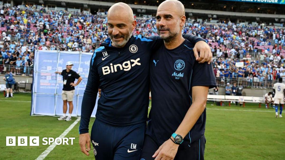An image of Enzo Maresca, manager of Chelsea, and Pep Guardiola, manager of Man City embracing on the pitch.