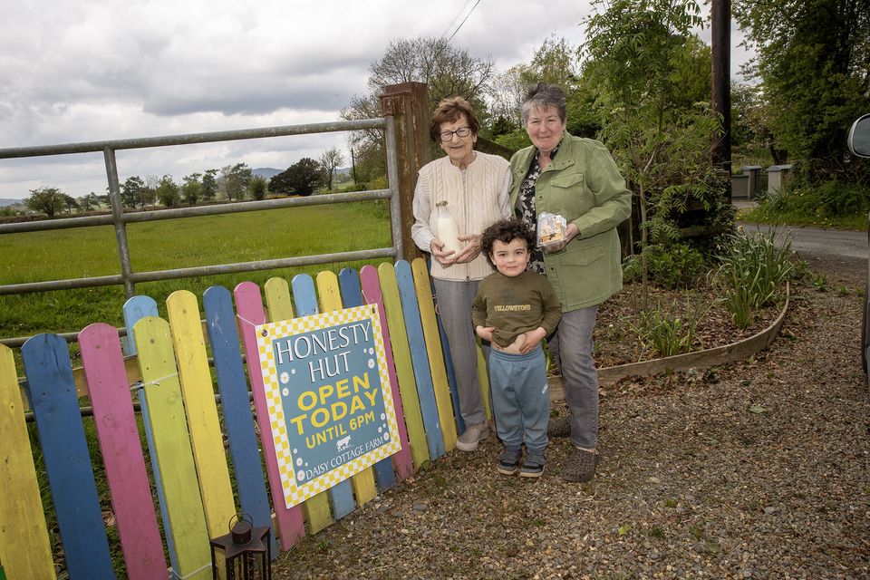 Anne and Lorraine Aspill with Robin Mc Carthy at the Honesty Hut at Daisy Cottage Farm. Photo Joe Byrne.