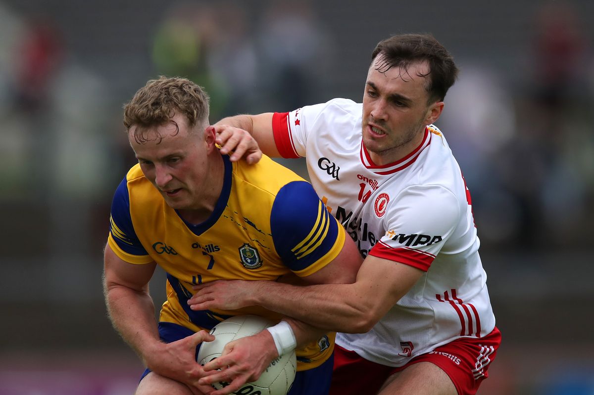 Tyrone's Darragh Canavan tackles Eoin McCormack of Roscommon during the 2024 All-Ireland preliminary quarter-final clash in Omagh 
