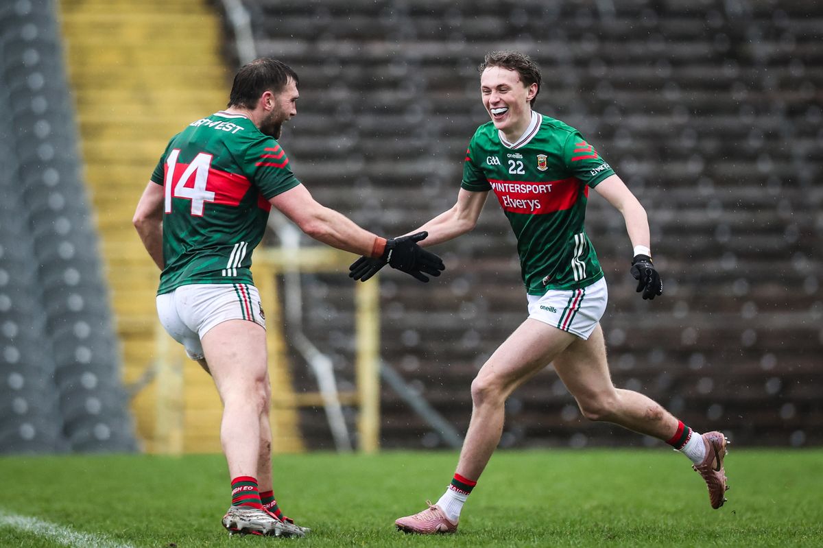 Mayo's Kobe McDonald celebrates after scoring a goal with Aidan O'Shea during February's Division One win over Monaghan in Clones 