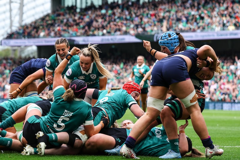 The Irish team drive over the line to allow Cliodhna Moloney-MacDonald score a try. Photograph: Ben Brady/Inpho