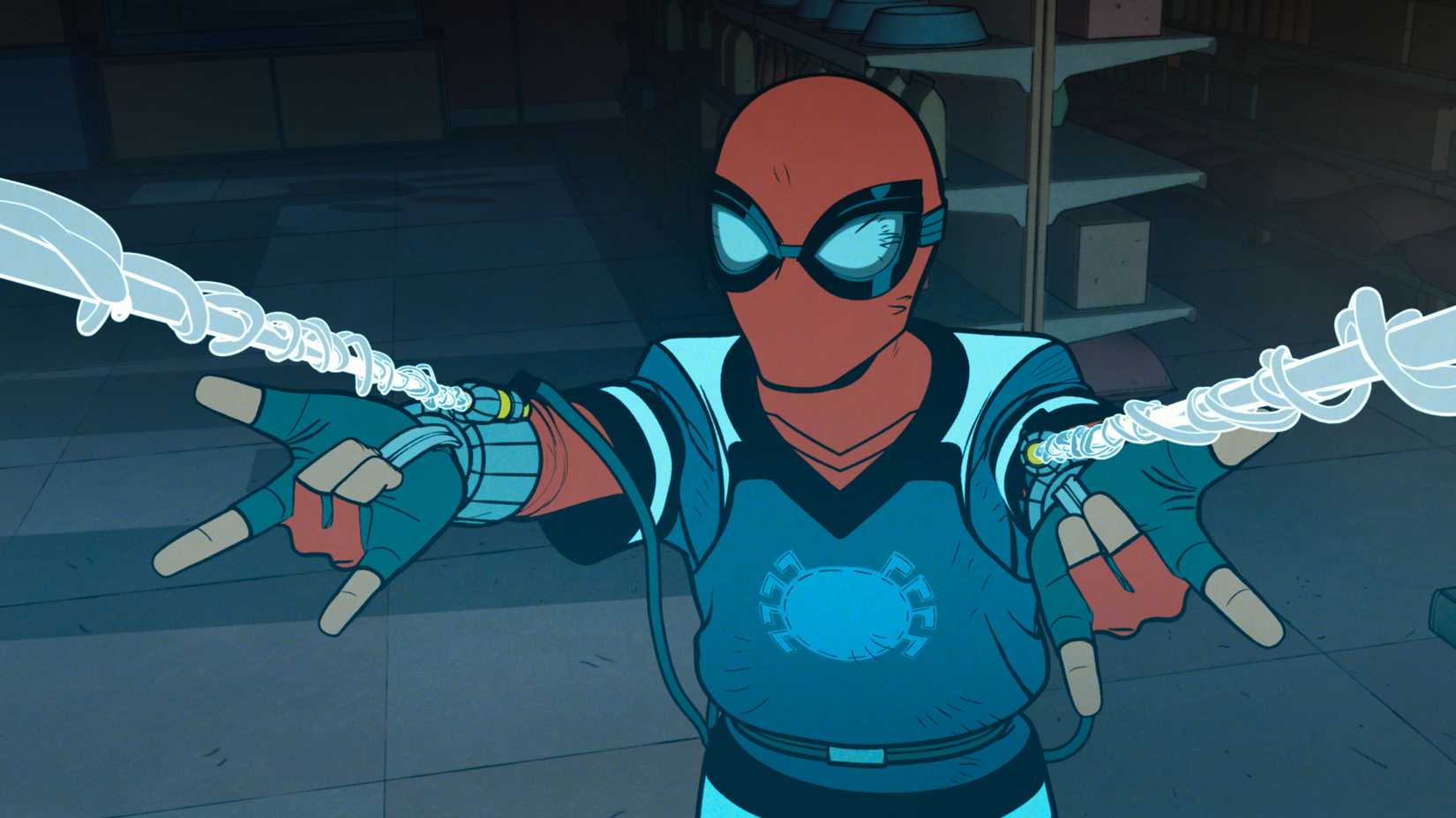 Peter in a makeshift Spider-Man costume, shooting webs from his wrists. From Your Friendly Neighborhood Spider-Man