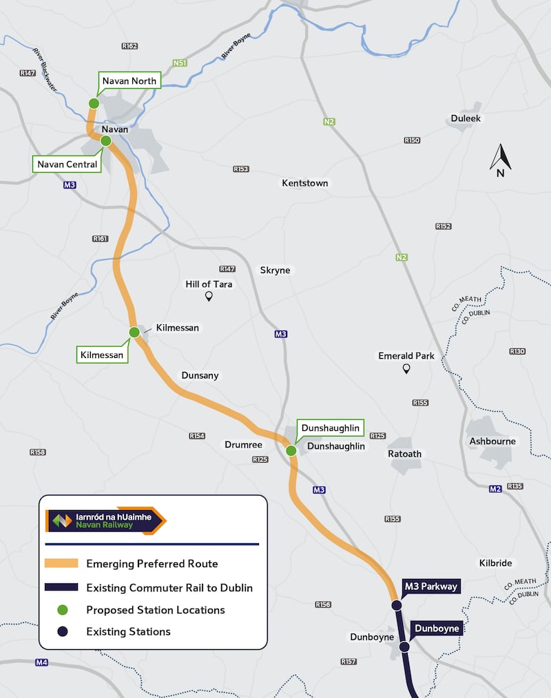 The preferred route for the proposed new Navan-Dublin rail line. Map: Irish Rail