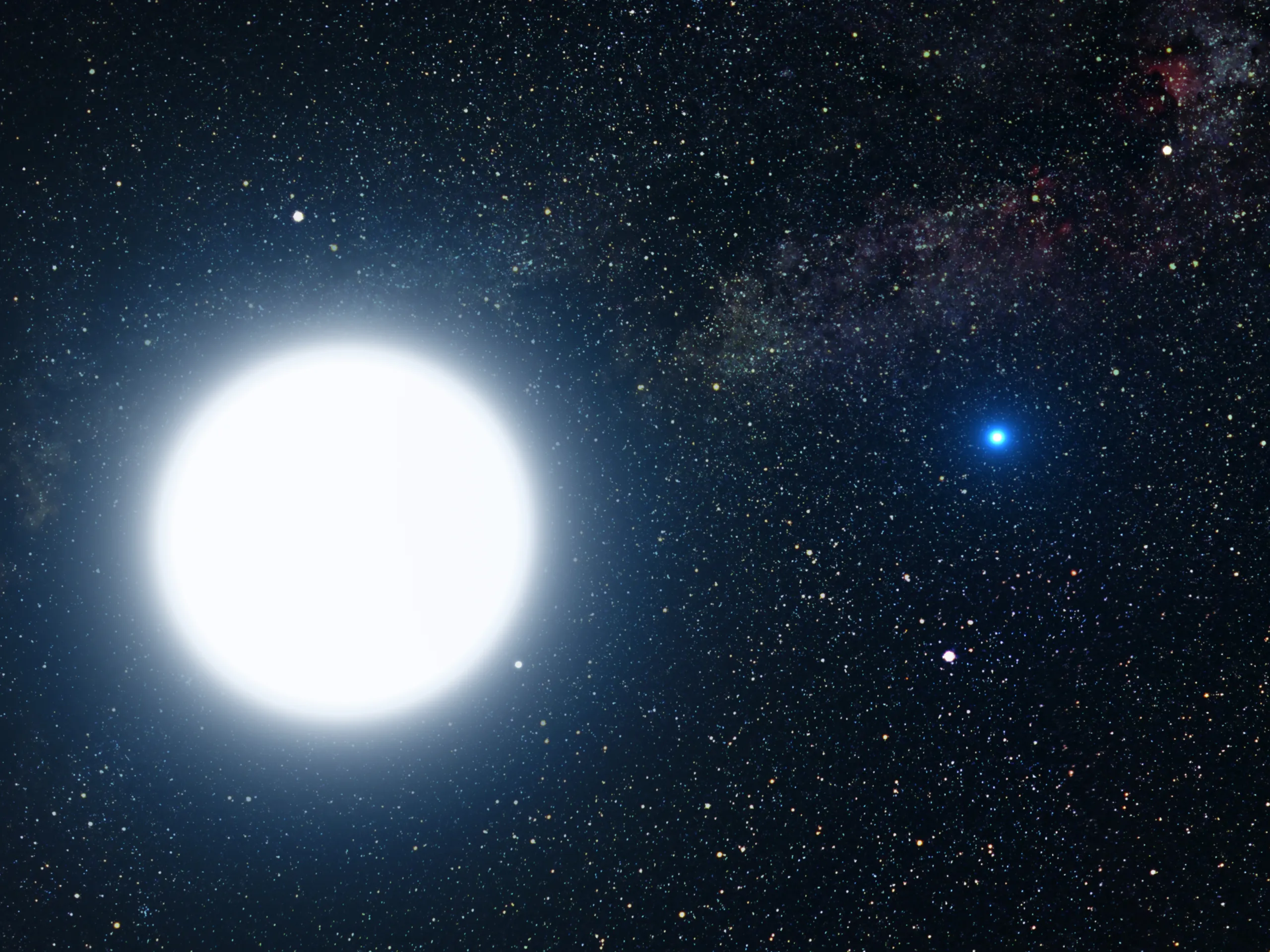 An artist's illustration of two stars against a dense, starry background with red and blue nebula clouds. A large, intensely bright white star dominates the left side of the image, while a smaller, vivid blue star glows to its right, suggesting a binary star system.