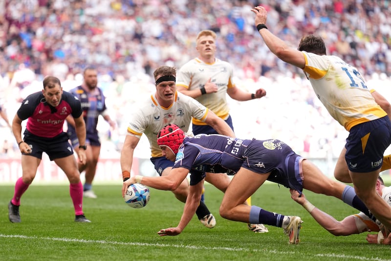 Louis Bielle-Biarrey of Bordeaux Bègles scores his team's third try in Bilbao on Saturday. Photograph: Juan Manuel Serrano Arce/Getty Images