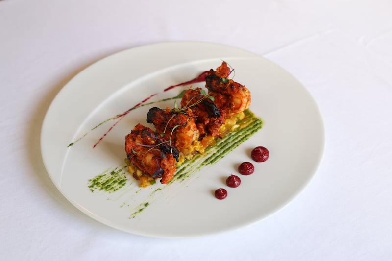 Jhinga Jalaali starter composed of Kochin prawns marinated in ground spices and herbs, served with mint chutney. Photograph: Bryan O'Brien
