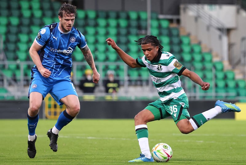 SSE Airtricity League Premier Division, Tallaght Stadium, Dublin 1/5/2026
Shamrock Rovers vs Waterford
Waterford's Conan Noonan and Victor Ozhianvuna of Shamrock Rovers 
Mandatory Credit ©INPHO/Bryan Keane