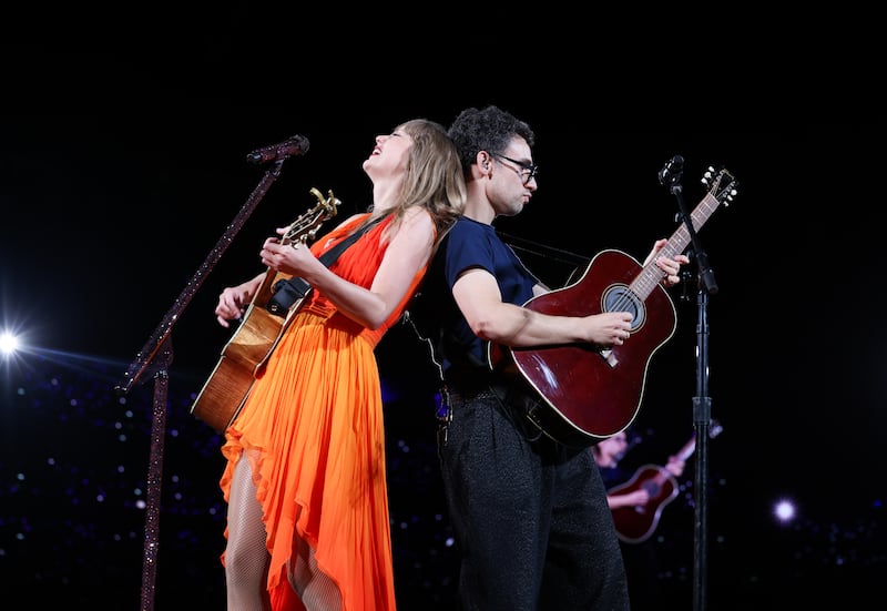 Superstar producer: Jack Antonoff on stage with Taylor Swift at Wembley Stadium during the Eras tour, in 2024. Photograph: TAS2024/Getty