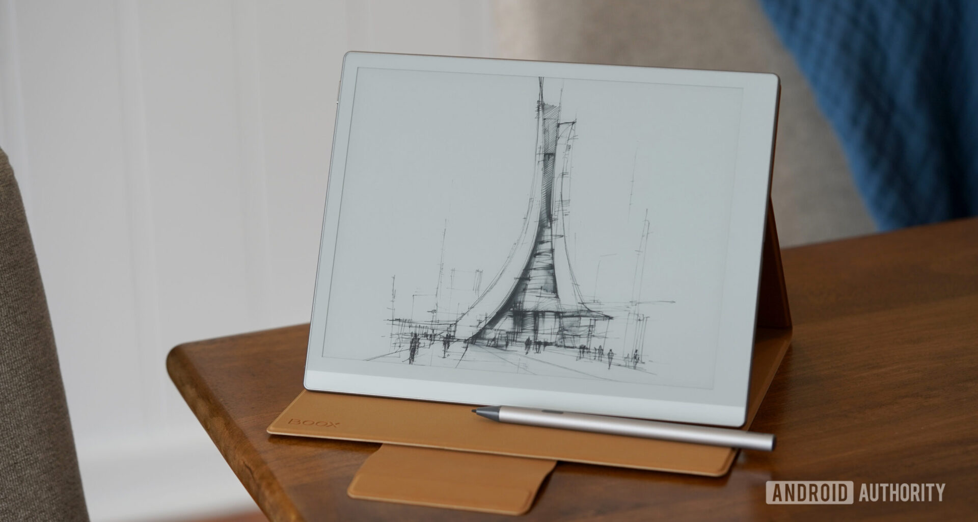 A Boox Go 10.3 Gen II rests on its folio stand.