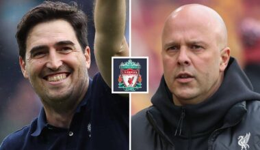 Bournemouth boss Andoni Iraola could replace Arne Slot as Liverpool manager. Here the two men are seen next to the Liverpool FC badge